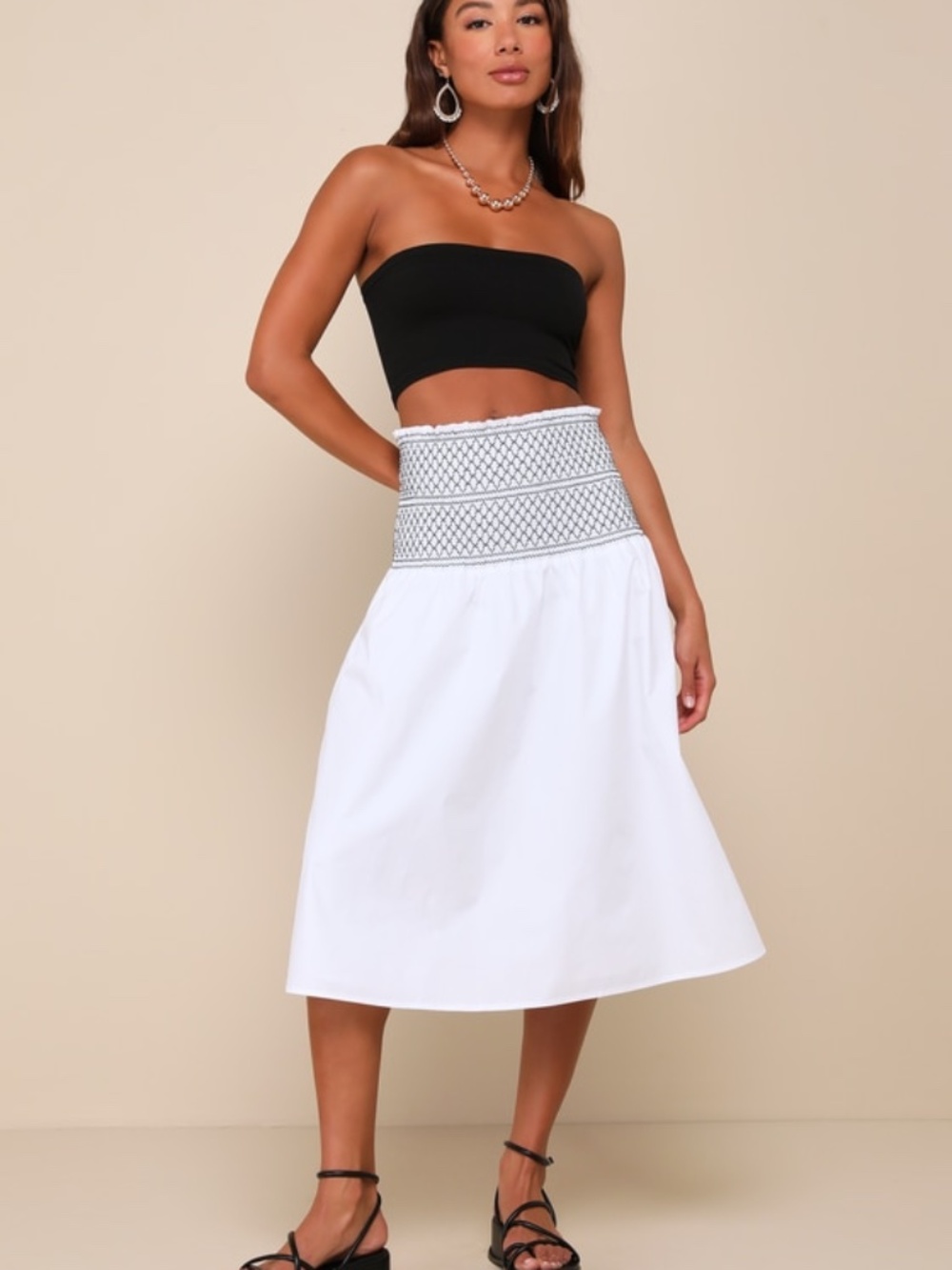 Lulus Relaxed Cuteness White Smocked Embroidered Midi Skirt - Size M